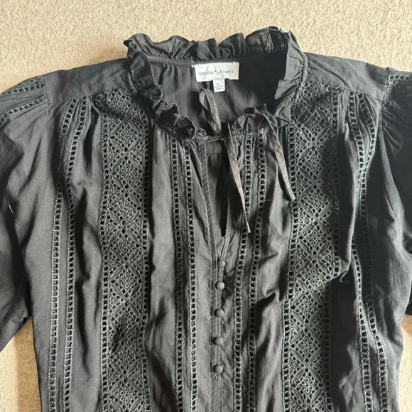 Black silky blouse with ruffle details and button details - Picture 2 of 4